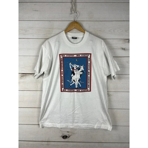 Vintage Screen Stars Best Moo Steppin Shirt Mens XL White Cow Graphic Tee 90s - Picture 1 of 8